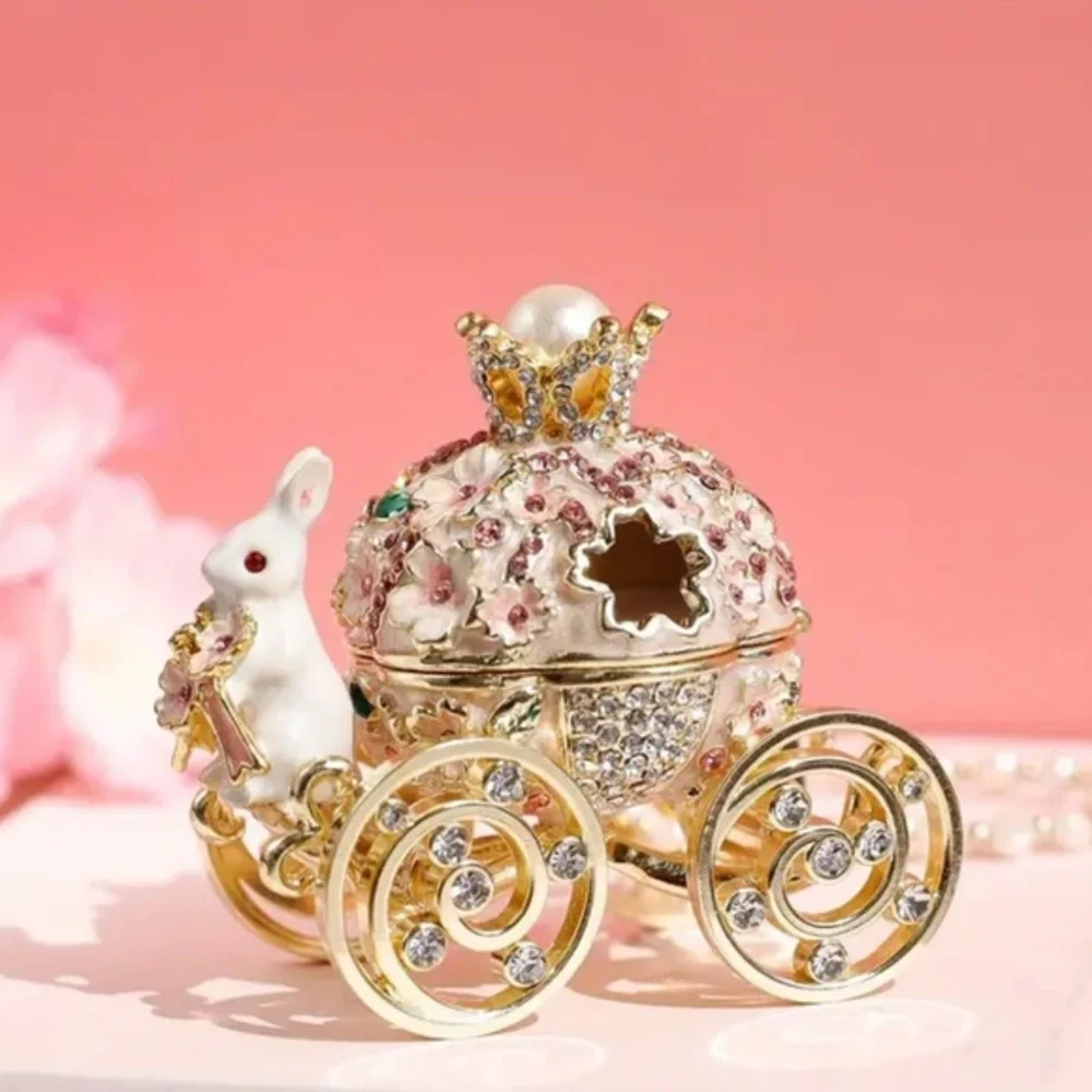 Easter Bunny Carriage Trinket Box Gold White Pink Floral Crystal Keepsake NWT